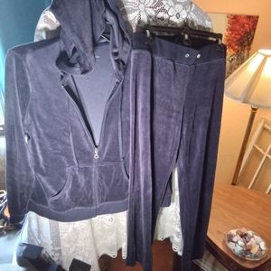 SOLD New York & Company Women's Dark Blue Velvet Zip Up Hoodie w Pants Set Sz L